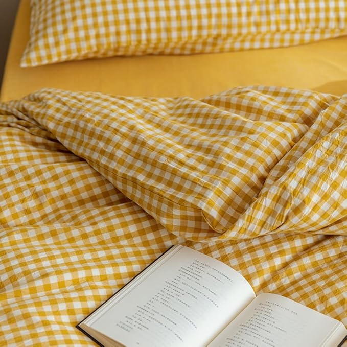 VM VOUGEMARKET Yellow Gingham Duvet Cover Set Queen 3 Pieces Plaid Duvet Cover with Zipper Ties 2 Pillowcases 100% Washed Cotton Modern Luxury Bedding Set (Queen,90"x90")