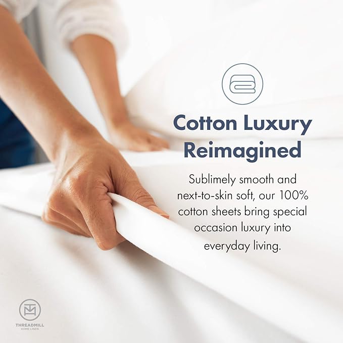 Threadmill 100% Cotton Sheets for King Size Bed - 600 Thread Count King Bed Sheets Set with 16” Deep Pocket - Damask Stripe Sateen Weave 4-Piece Bedding Set with Cooling Effect, White