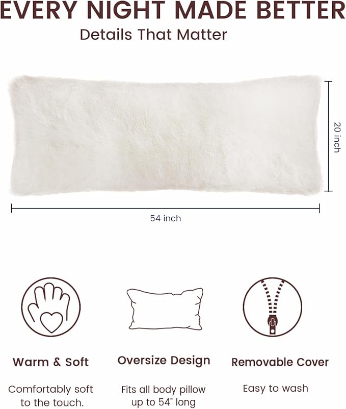ZonLi Fuzzy Body Pillow Cover, 20"x 54" Pillowcase, Faux Fur Long Pillow Cover with Zipper, Fluffy Soft Plush Decorative Cases for Bedroom (White)
