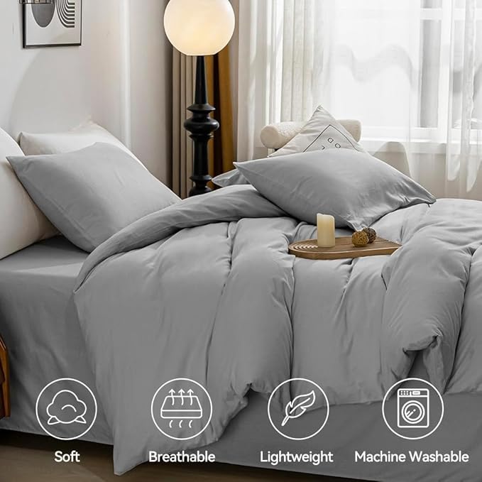 JELLYMONI Cotton Duvet Cover Twin Size - 100% Washed Cotton Linen Like Textured Comforter Cover, 2 Pieces Breathable Soft Bedding Set with Zipper Closure (Light Gray, Twin 68"x90")