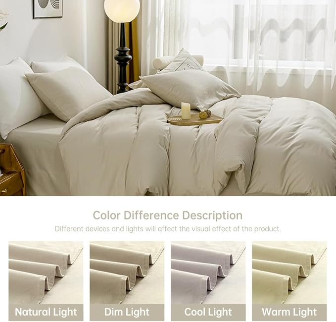 JELLYMONI Cotton Duvet Cover Full Size - 100% Washed Cotton Linen Like Textured Comforter Cover, 3 Pieces Lightweight Soft Bedding Set with Zipper Closure (Light Khaki, Full 80"x90")