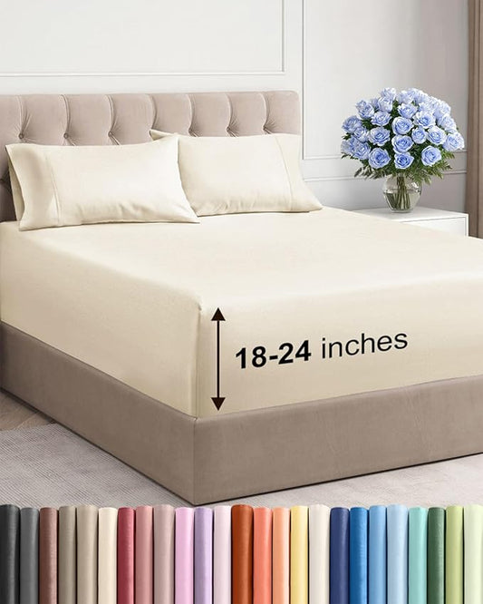 Extra Deep Pocket King Sheets - 4 Piece Breathable & Cooling Bed Sheets - Hotel Luxury Bed Sheet Set - Soft, Wrinkle Free & Comfy - Easily Fits Extra Deep Mattresses - Deep Pocket Off White Sheets Set