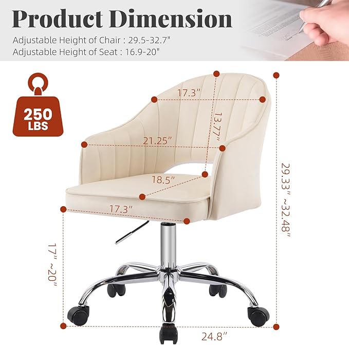 MOJAY Modern Vanity Chair with Wheels, Mid-Back Cutout Velvet Home Office Chair, Swivel Height-Adjustable Soft Seat Cute Desk Chair with Arm Support (Cream)