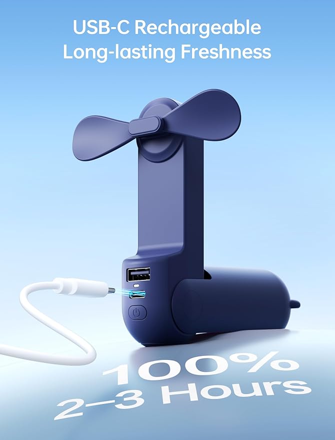 JISULIFE Handheld Mini Fan, 3 IN 1 USB Rechargeable Portable Fan [12-19 Working Hours] with Power Bank, Flashlight, Pocket Design for Travel/Summer/Concerts/Lash, Gifts for Women (Dark Blue)