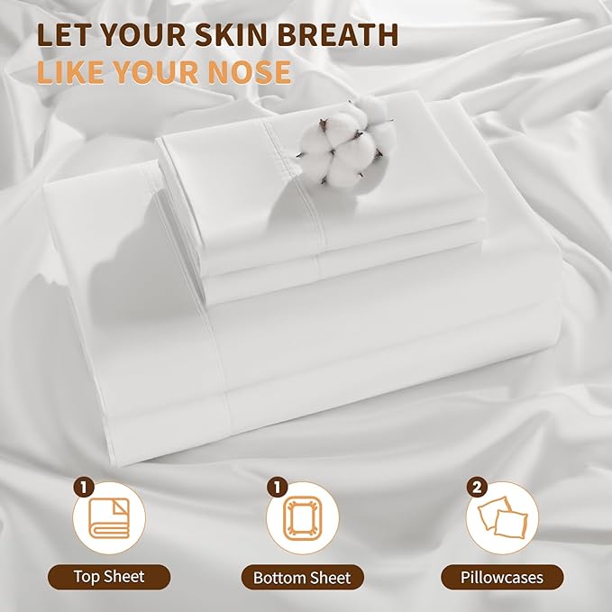 LBRO2M 100% Cotton Sheets Set Deep Pocket 19", 1000 Thread Count Full Size 4 Piece Bed Sheet Sets Soft Comfortable Bedding All Season (Full, White)