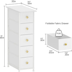GiftGo Narrow Dresser Cabinet Vertical Slim Dresser Chest of Drawers Skinny Storage Tower for Small Spaces Gaps Closet Bedroom Bathroom Small Fabric Drawer Unit (White, 5 Drawers)