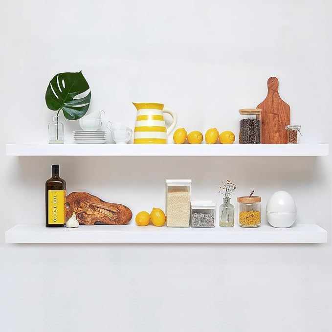 Homeforia Floating White Shelf 60 inches, High End Solid Real Wood 60inch Long Floating Shelves for Wall Mounted, White Wooden 60in Floating Shelves, Heavy Duty Bracket, 60 X 6.5 X 1.75 inch, Set of 3