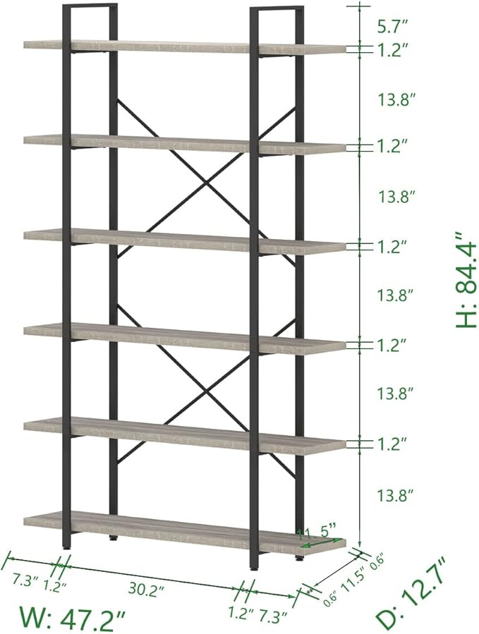 HSH 6 Tier Tall Bookshelf, Metal Wood Vertical Display Book Shelf, Industrial 6 Shelf Bookcases and Book Shelves Storage Rack, Large Open Book Case for Bedroom Living Room Office, Light Grey Oak