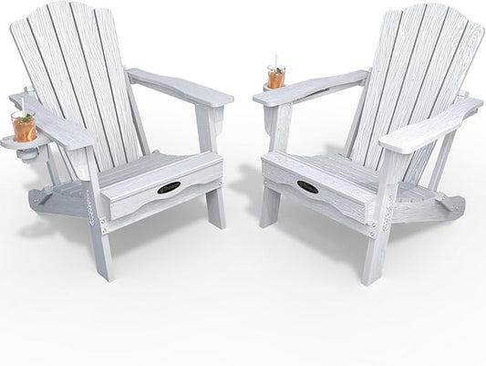 Adirondack Chair Set of 2, Folding All-Weather Outdoor HDPE Patio Chair with Cup Holder, White