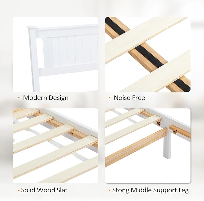 VINGLI Queen Bed Frame with Headboard Wood Platform Panel Bed,Heavy Duty Bed Slat No Box Spring Needed, White