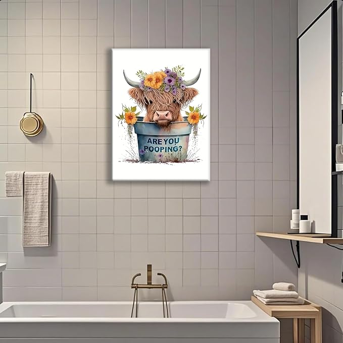 Jatinoo Highland Cow Decor Are You Pooping?Funny Bathroom Wall Art, Apartment Or Farmhouse Bathroom Decor Western & Highland Cow Lovers