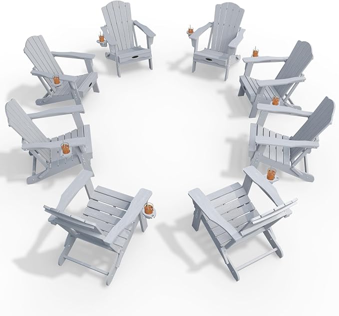 Adirondack Chair Set of 8, Folding All-Weather Outdoor HDPE Patio Chair with Cup Holder, White