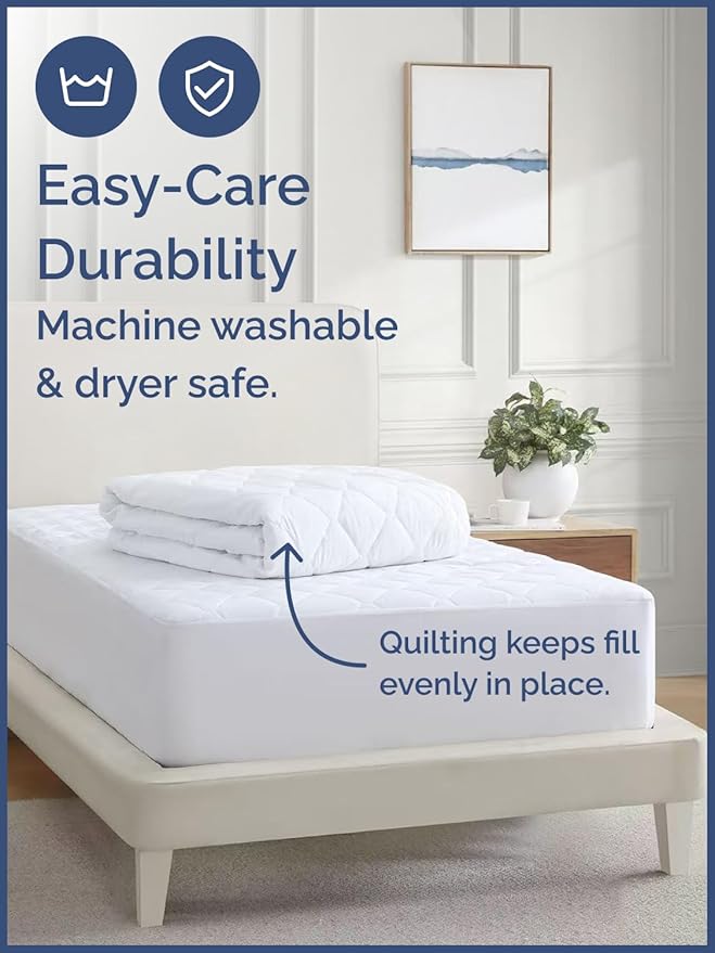 Quilted Fitted Mattress Pad Twin Size - Elastic Fitted Mattress Topper Protector & Cover - Breathable, Soft, Low Profile Top Cover with 8-16 Inch Deep Pockets - Easy-Fit and Machine Washable - White