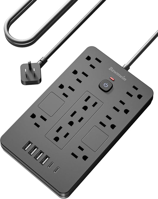 Surge Protector Power Strip - 11 Outlets(1850W/15A) with 6 USB Ports(2 USB C), 10FT Flat Plug Extension Cord, Wall Mount, Black, ETL Listed for Home, Dorm Room