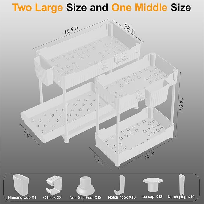 3 Pack Under Sink Organizers, 2-Tier Multi-Use Kitchen and Bathroom Organizers and Storage with Sliding Drawers，Bathroom Cabinet Organizer (White, 14.8 Inch)