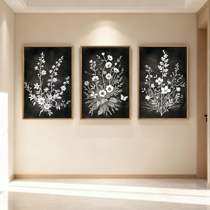 BINCUE Framed Black and White Floral Wall Art Set of 3 Botanical Wall Decor Flower Painting for Living Room Bedroom Office 16x24 Inches