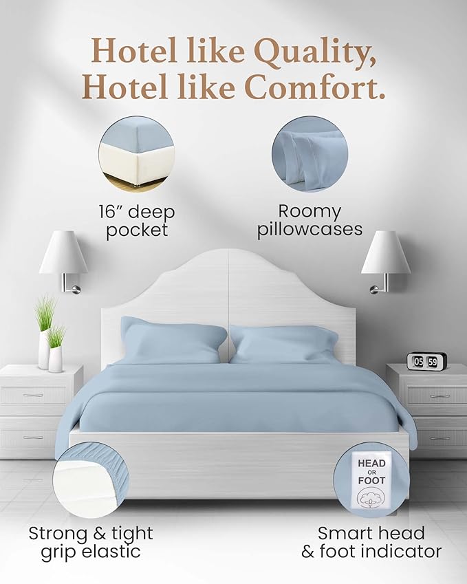 1000 Thread Count Egyptian Cotton Sheets Queen Size, 4 Pc Luxury Sheets Set, Long Staple 100% Cotton Sheets for Queen Size Bed, 16" Deep Pocket Hotel Style Sheets, Sateen Sheets Queen, Light Blue GoodSleepBedding