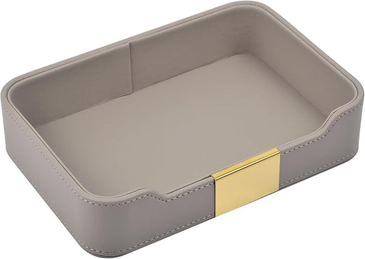 Luxury Leather Valet Tray Desktop Storage Organizer,Bedside Vanity Catchall Tray Nightstand Caddy Holder for Cosmetic,Jewelry,Watch,Keys,Phone,Wallet,Remote Controller,Pen,Gray