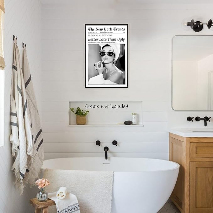 New York Trends Wall Art Black and White Newspaper Better Late Than Ugly Poster Canvas Prints Funky Feminist Posters Trendy College Wall Decor for Bar Cart Girl Dorm Room Bathroom Decorative 24x36inch Unframed