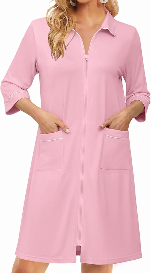 Ekouaer Zipper Robes for Women 3/4 Sleeve Housecoats Knee Length Bathrobe Lightweight Nightgown with Pockets S-3XL