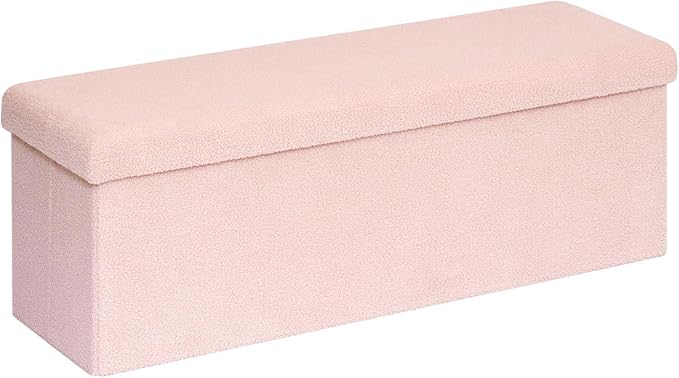 PINPLUS Storage Ottoman Bench Sherpa Foot Rest, Foldable Boucle Ottomans, Large Faux Teddy Fur Ottoman Storage Box Entryway Bench for Dorm, Pink, 43.3'' x 15'' x 15''