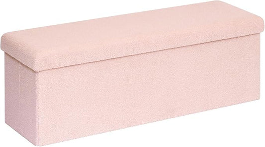 PINPLUS Storage Ottoman Bench Sherpa Foot Rest, Foldable Boucle Ottomans, Large Faux Teddy Fur Ottoman Storage Box Entryway Bench for Dorm, Pink, 43.3'' x 15'' x 15''