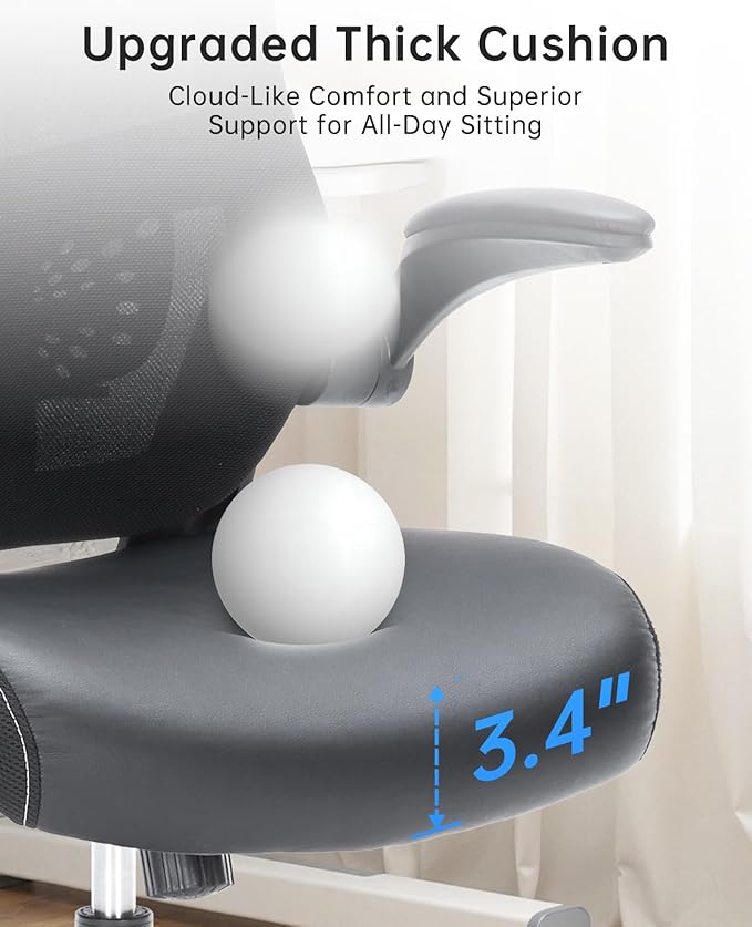 Office Chair Ergonomic Desk Chair Swivel Mid Back Mesh Computer Chair with Lumbar Support Comfy PU Leather Seat Adjustable Height Flip-up Arms Executive Task Chair,Black