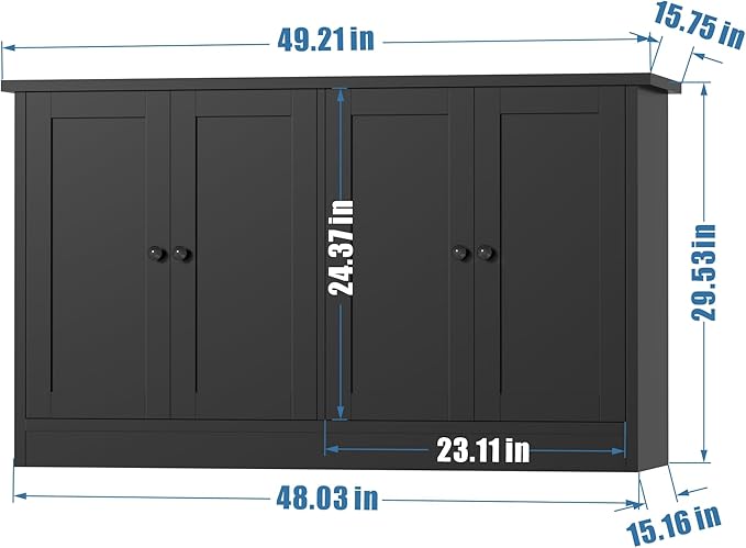 Black Buffet Storage Cabinet with 4 Door, 49" W Coffee Bar Cabinet, Kitchen Buffet Sideboard for Living Room, Kitchen