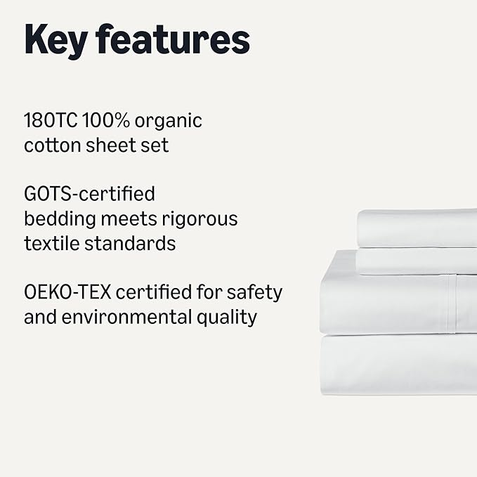 Amazon Basics Organic Cotton Sheet Set with 2-Pieces Pillowcase, White, Full