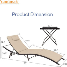 Patio Chaise Lounge Set 3 Pieces Pool Lounge Chairs,Cushioned Outdoor Folding Lounge Chair w/Rattan Adjustable Backrest for Poolside Porch,Folding Table Included,Sand