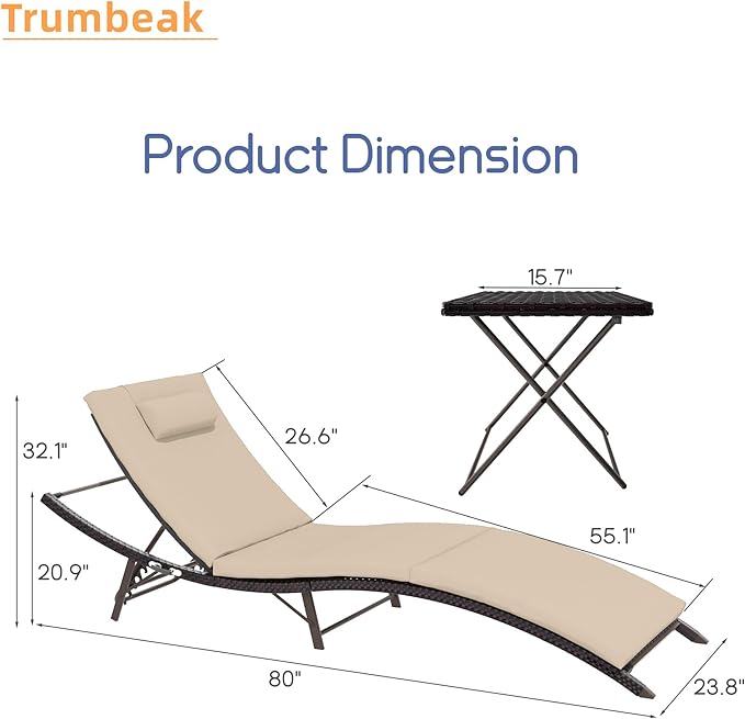 Patio Chaise Lounge Set 3 Pieces Pool Lounge Chairs,Cushioned Outdoor Folding Lounge Chair w/Rattan Adjustable Backrest for Poolside Porch,Folding Table Included,Sand