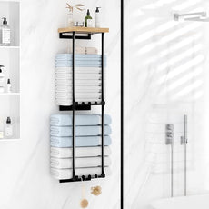 HapiRm Towel Racks for Bathroom Storage - No Drill Wall Mounted Towel Holder with Shelf and 6 Hooks, Rolled Towel Storage Bath Towel Organizer for Small Bathroom, Camper, Rv - Black