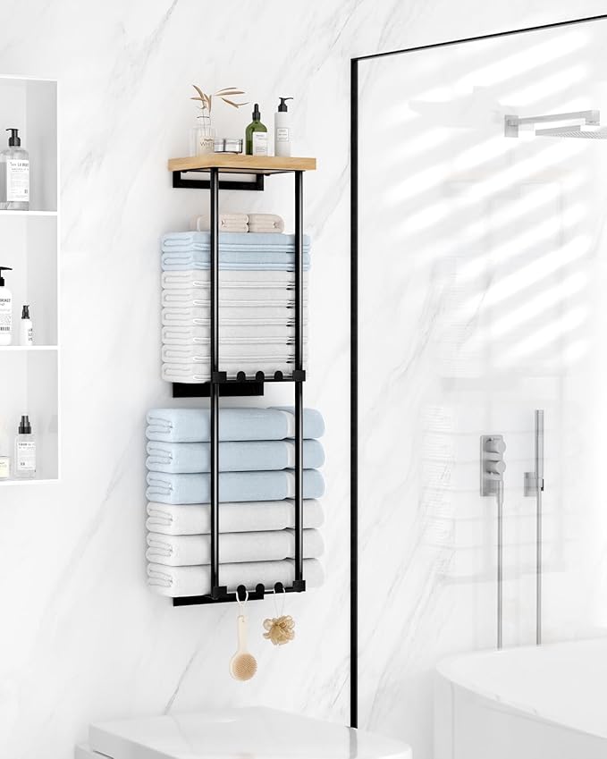 HapiRm Towel Racks for Bathroom Storage - No Drill Wall Mounted Towel Holder with Shelf and 6 Hooks, Rolled Towel Storage Bath Towel Organizer for Small Bathroom, Camper, Rv - Black