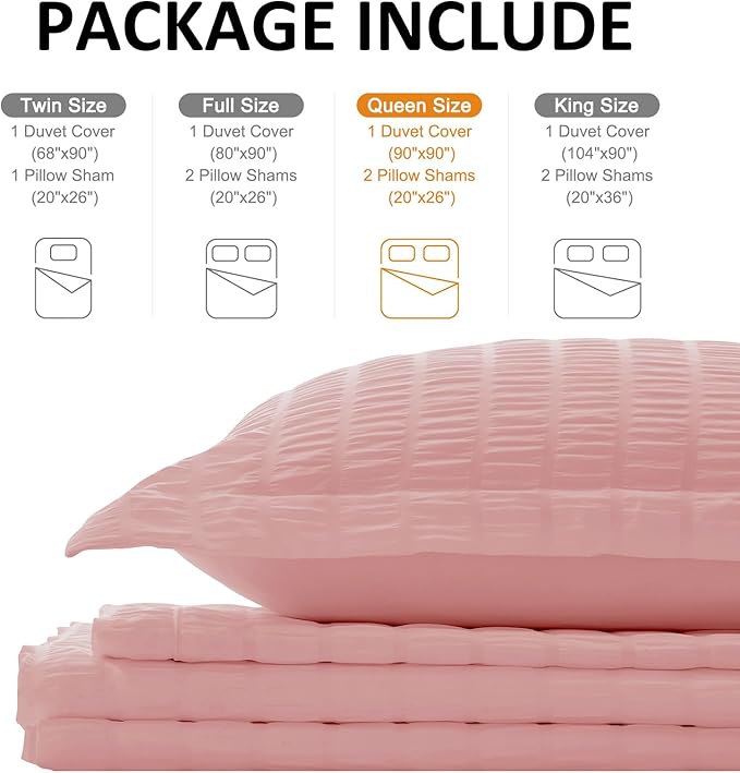 Cozyide Pink Duvet Cover Queen Size, 3 Pieces Bedding Duvet Covers, Soft Breathable Seersucker Duvet Cover Set with Zipper Closure and Corner Ties (1 Duvet Cover 90"x90" + 2 Pillow Shams 20"x26")