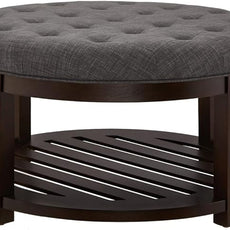 24KF Large Round Upholstered Tufted Linen Ottoman Coffee Table, Large Footrest Ottoman with Wood Shelf Storage,Dark Gray