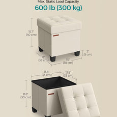 SONGMICS Storage Ottoman, Small Ottoman Foot Rest with Legs, 15 x 15 x 15.7 Inches Foot Stool, Load up to 660 lb, for Living Room, Bedroom, Dorm, Cream White ULSF014W01