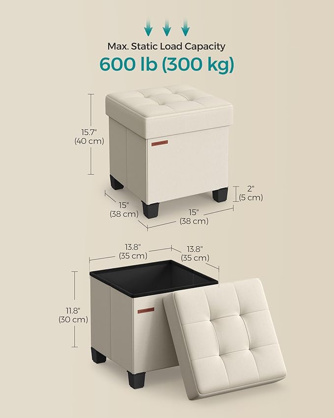 SONGMICS Storage Ottoman, Small Ottoman Foot Rest with Legs, 15 x 15 x 15.7 Inches Foot Stool, Load up to 660 lb, for Living Room, Bedroom, Dorm, Cream White ULSF014W01