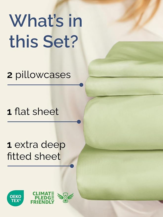 Extra Deep Pocket Queen Sheet Set - 4 Piece Breathable & Cooling Bed Sheets - Hotel Luxury Sheet Set - Soft, Wrinkle Free and Comfy - Fits Extra Deep Mattresses - Deep Pocket Light Sage Green Sheets