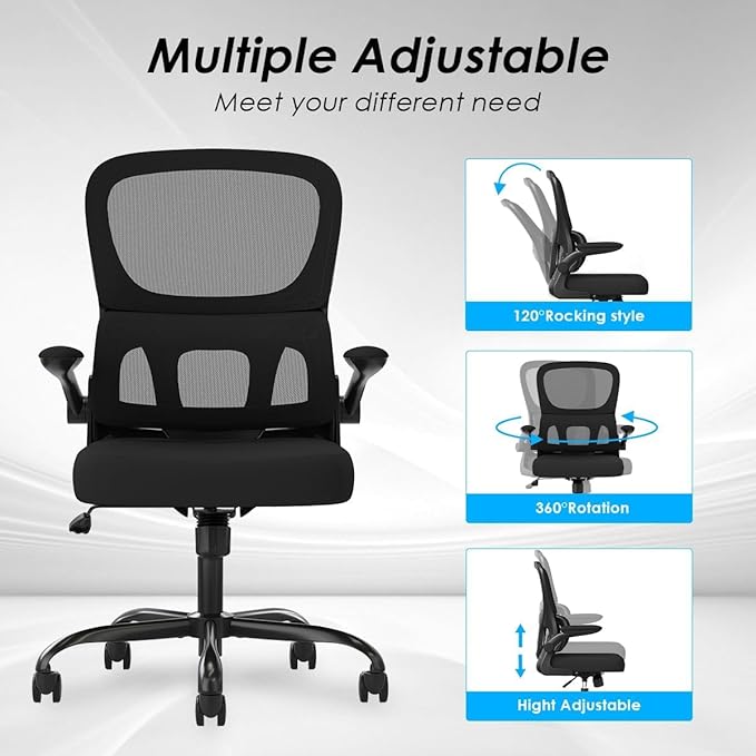 Soohow Office Chair, Mesh Ergonomic Office Chair with Lumbar Support, Comfy Swivel Computer Desk Chair with Flip Armrest Rolling Wheels for Home Study Room Office, Black & Black