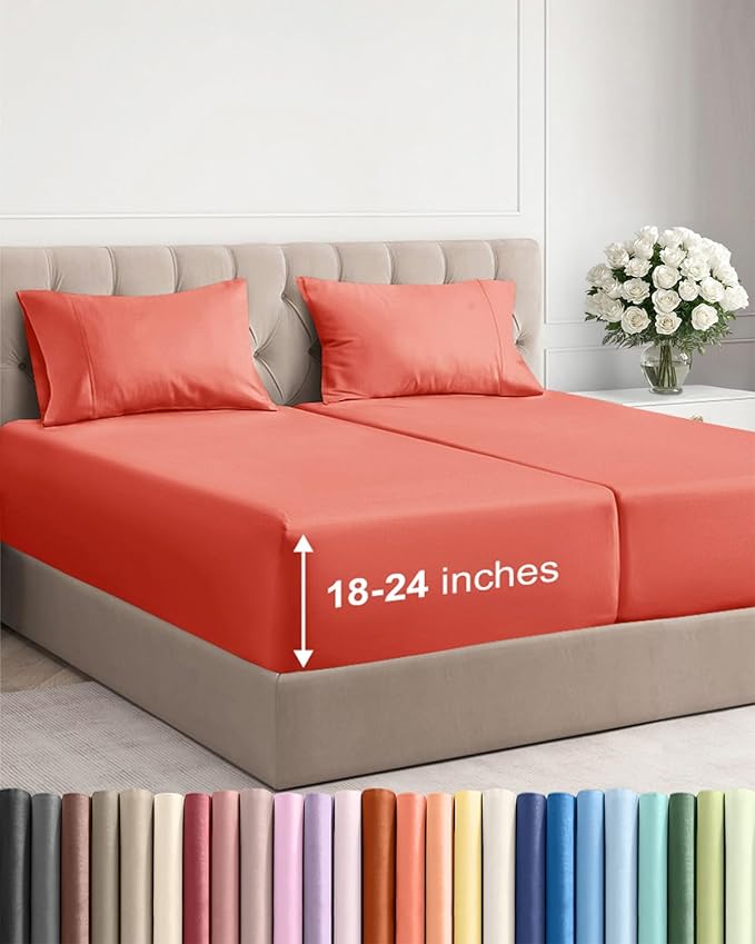 Extra Deep Pocket Split King Sheets - 5 Piece Breathable & Cooling Bed Sheets - Hotel Luxury Bed Sheet Set - Soft, Wrinkle Free & Comfy - Easily Fits Extra Deep Mattresses - Deep Pocket Coral Sheets