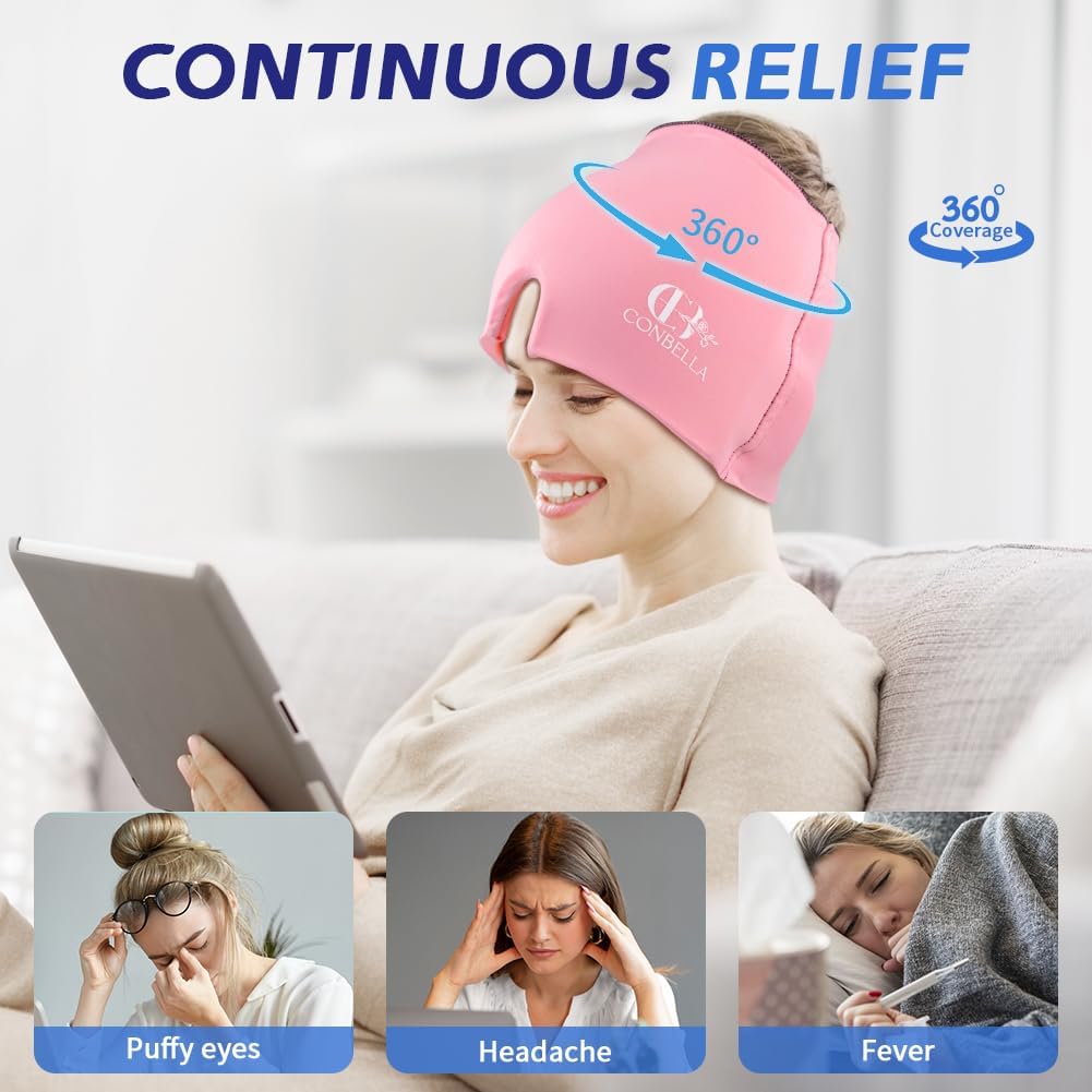 Migraine Relief Cap, Soothing Headache Ice Face Mask Products, Hot and Cold Therapy, Migraine Headache Relief Cap for Migraine, Sinus, Puffy Eyes, Tension, Stress and Hangover(Pink)