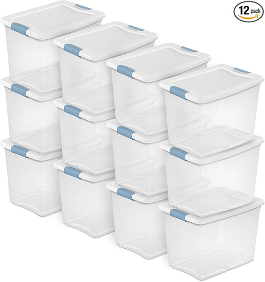Sterilite 12-Pack Latching Box, Under Bed Storage Bins with Lids, Clear Plastic, 25 Quart - Heavy-Duty Organizing Containers for Closet, Bathroom, and Office