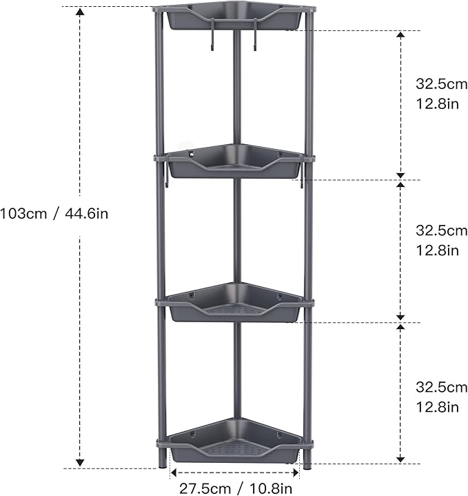 Orimade Rustproof 4 Tier Floor Standing Corner Shower Caddy Organizer, Plastic Metal Splicing Floor Corner Shelf Rack Storage Stands for Bathroom,10.8 x 10.8 x 44.6 inches, Grey