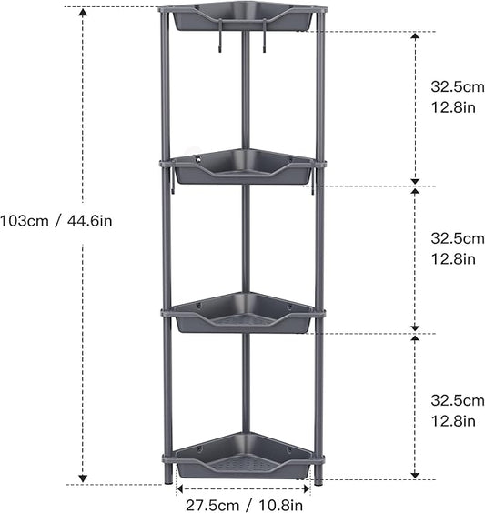 Orimade Rustproof 4 Tier Floor Standing Corner Shower Caddy Organizer, Plastic Metal Splicing Floor Corner Shelf Rack Storage Stands for Bathroom,10.8 x 10.8 x 44.6 inches, Grey
