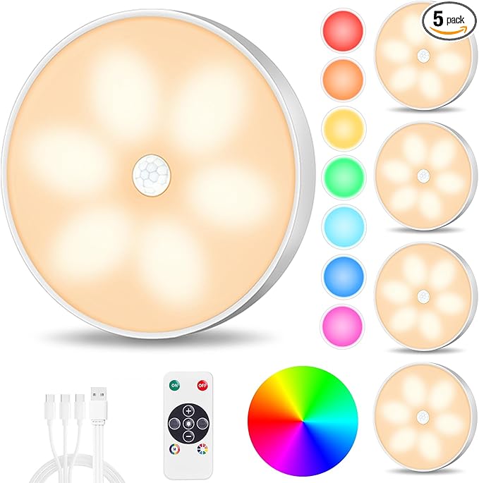 Motion Sensor Step Lights, 8 Colors Changeable RGB LED Closet Lights, USB Rechargeable Battery Operated Puck Light, Dimmable Under Cabinet Counter Kitchen Stair Lighting (5 Pack)