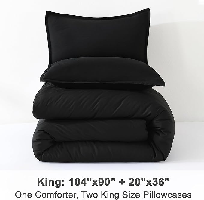 Litanika Comforter Set, Lightweight Solid Bedding Comforter Set, Fluffy Down Alternative Bed Set, Black, King
