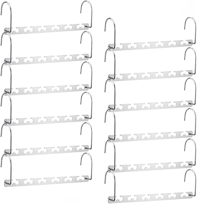 Meetu Space Saving Multifunctional Clothes Hangers - Stainless Steel 6X2 Slots Magic Cascading Hanger - Updated Hook Design Closet Organizer (Pack of 12)