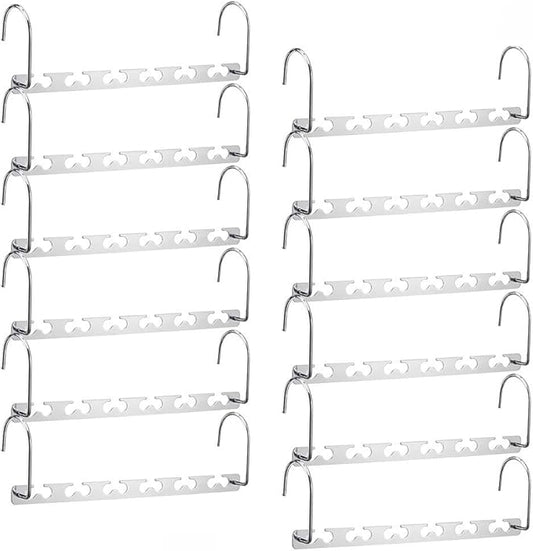 Meetu Space Saving Multifunctional Clothes Hangers - Stainless Steel 6X2 Slots Magic Cascading Hanger - Updated Hook Design Closet Organizer (Pack of 12)