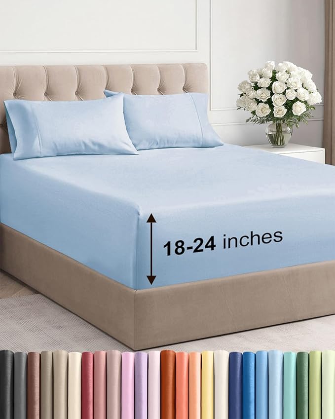 Extra Deep Pocket Cal King Sheets - 4 Piece Breathable & Cooling Bed Sheets - Hotel Luxury Bed Sheet Set - Soft, Wrinkle Free & Comfy - Easily Fits Extra Deep Mattresses - Deep Pocket Sky Blue Sheets