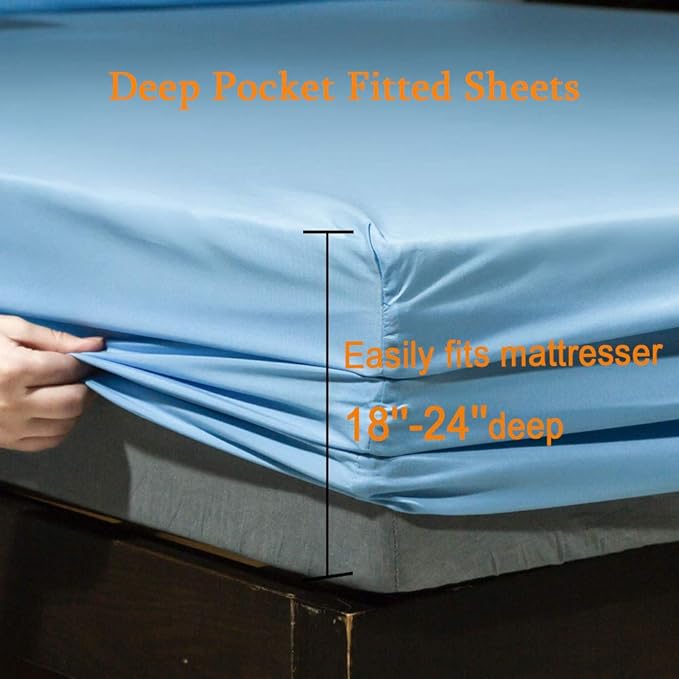 SONORO KATE Bed Sheet Set Super Soft Microfiber 1800 Thread Count Luxury Egyptian Sheets Fit 18-24 Inch Deep Pocket Mattress Wrinkle-4 Piece (Lake Blue, Twin)